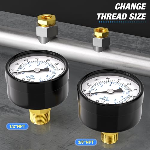 MEANLIN MEASURE 0-100Psi 2" DIAL FACE 1/4" NPT Well Pump Pressure Gauge, with 1/2" NPT and 3/8" NPT Hex Bushing, 3-2-3% Accuracy, Center Back Mount - Image 5