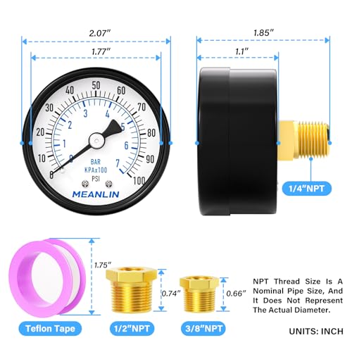 MEANLIN MEASURE 0-100Psi 2" DIAL FACE 1/4" NPT Well Pump Pressure Gauge, with 1/2" NPT and 3/8" NPT Hex Bushing, 3-2-3% Accuracy, Center Back Mount - Image 2