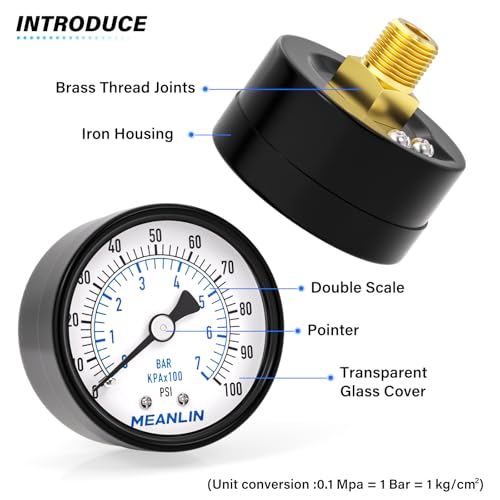 MEANLIN MEASURE 0-100Psi 2" DIAL FACE 1/4" NPT Well Pump Pressure Gauge, with 1/2" NPT and 3/8" NPT Hex Bushing, 3-2-3% Accuracy, Center Back Mount - Image 3