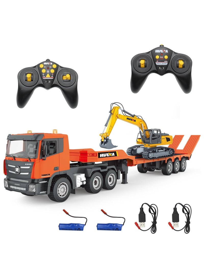 XiuWoo RC Semi Truck  Excavator Toy Set, 2.4Ghz Remote Control Flatbed Truck with Excavator Toys, 1:24 RC Semi-Trailer Engineering Tractor with Sound and Lights, Construction Vehicles Toy for Boys  - Image 1