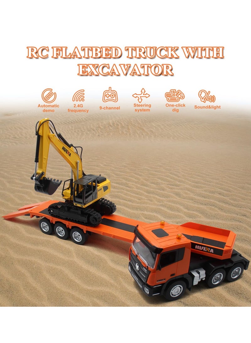 XiuWoo RC Semi Truck  Excavator Toy Set, 2.4Ghz Remote Control Flatbed Truck with Excavator Toys, 1:24 RC Semi-Trailer Engineering Tractor with Sound and Lights, Construction Vehicles Toy for Boys  - Image 2