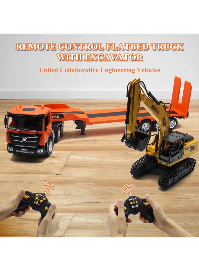 XiuWoo RC Semi Truck  Excavator Toy Set, 2.4Ghz Remote Control Flatbed Truck with Excavator Toys, 1:24 RC Semi-Trailer Engineering Tractor with Sound and Lights, Construction Vehicles Toy for Boys  - Image 3