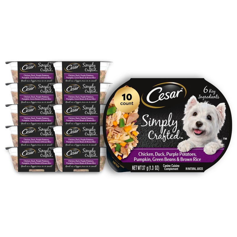Cesar Simply Crafted Adult Wet Dog Food Toppers for Dry Food, Chicken, Duck, Purple Potatoes, Pumpkin, Green Beans & Brown Rice, 1.3 oz Tubs, 10 Count - Image 1