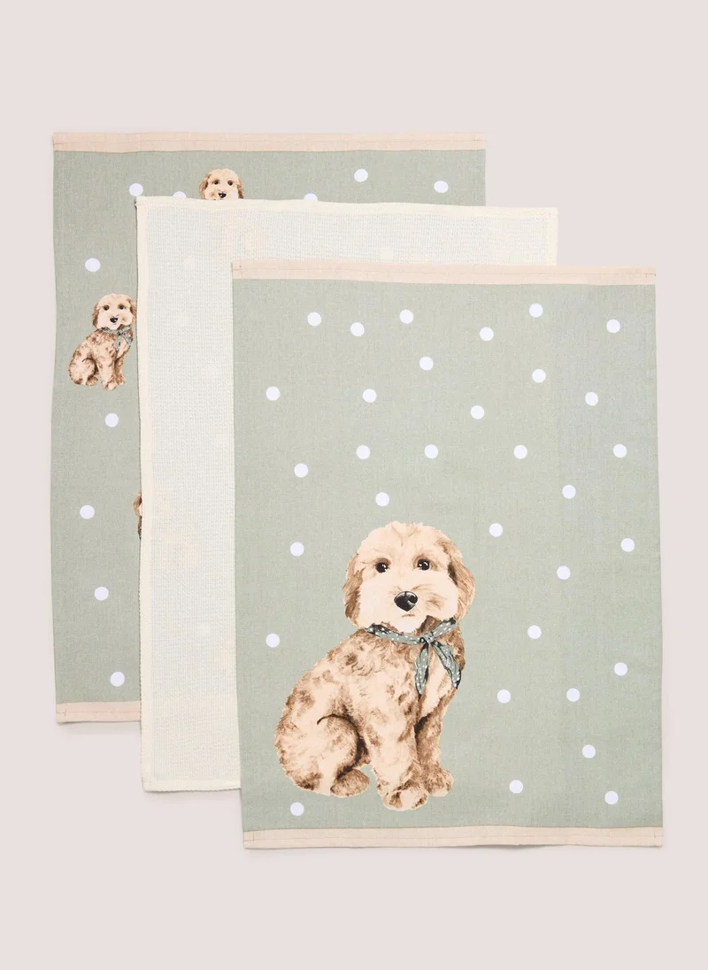 Matalan 3 Pack Cockapoo Tea Towels Green
