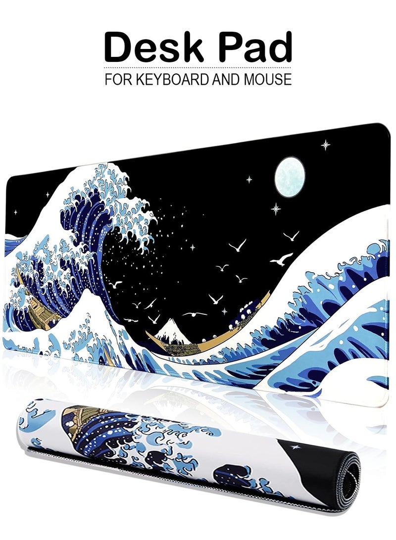 RION Gaming Laptop Mouse Pad – Sea Wave Big Desk Pad, Waterproof & Non-Slip, 3mm Thick Rubber, Kanagawa Surf Design - Image 1