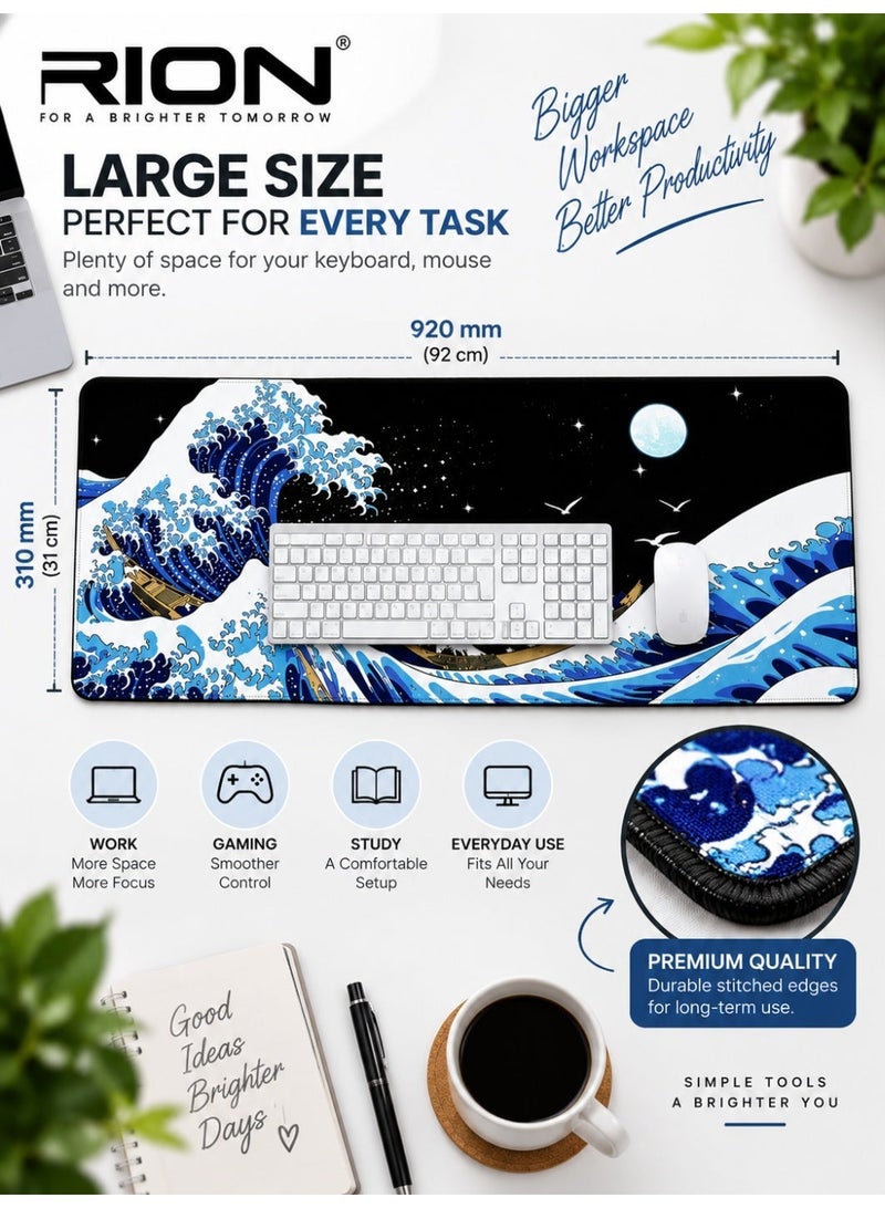 RION Gaming Laptop Mouse Pad – Sea Wave Big Desk Pad, Waterproof & Non-Slip, 3mm Thick Rubber, Kanagawa Surf Design - Image 3