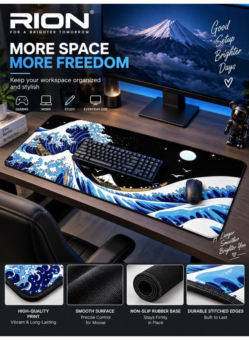 RION Gaming Laptop Mouse Pad – Sea Wave Big Desk Pad, Waterproof & Non-Slip, 3mm Thick Rubber, Kanagawa Surf Design - Image 2