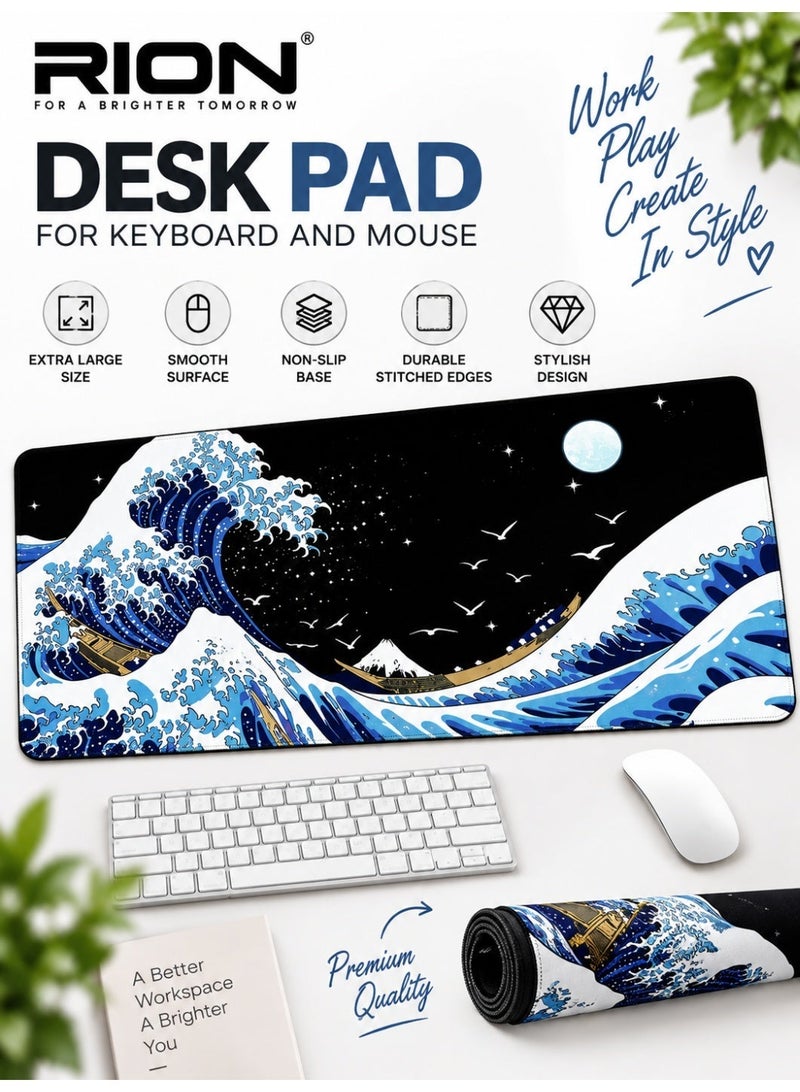 RION Gaming Laptop Mouse Pad – Sea Wave Big Desk Pad, Waterproof & Non-Slip, 3mm Thick Rubber, Kanagawa Surf Design - Image 1
