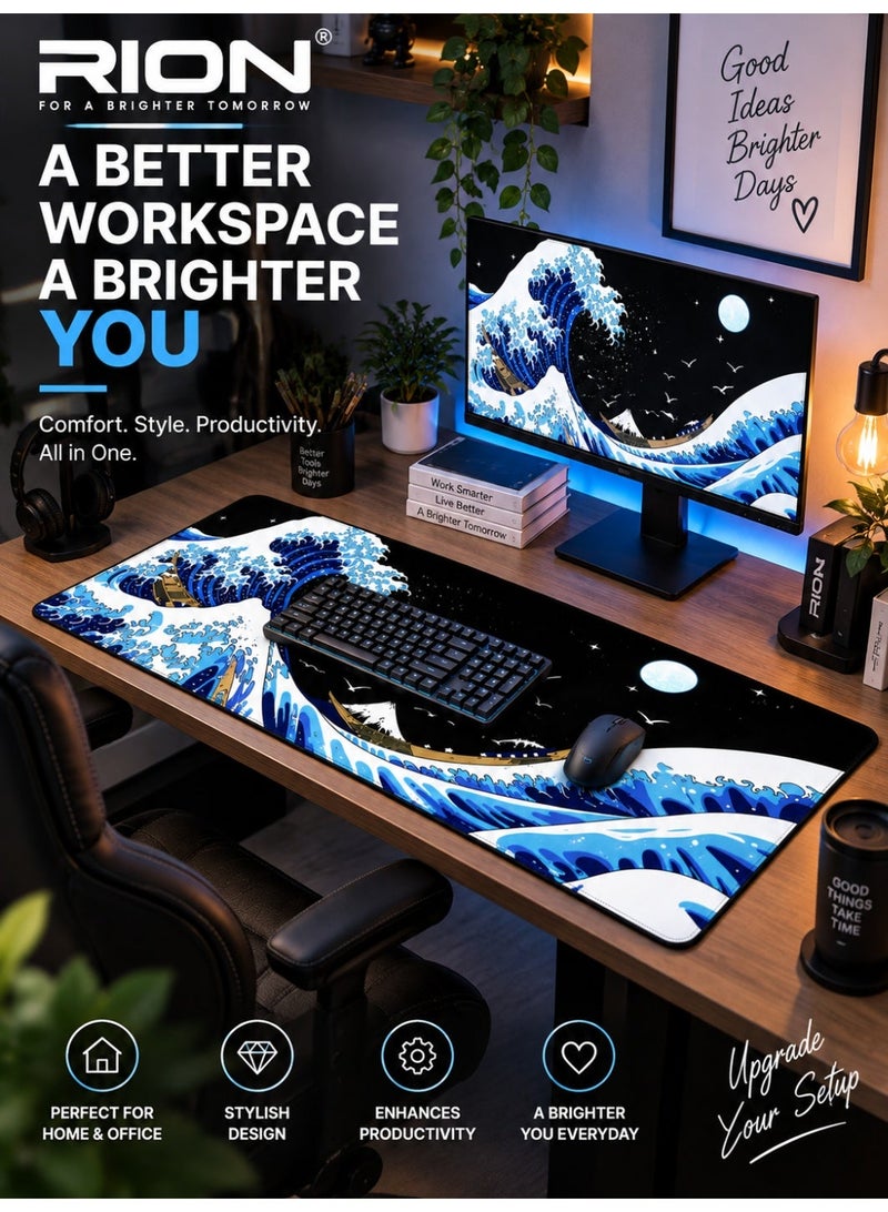 RION Gaming Laptop Mouse Pad – Sea Wave Big Desk Pad, Waterproof & Non-Slip, 3mm Thick Rubber, Kanagawa Surf Design - Image 5