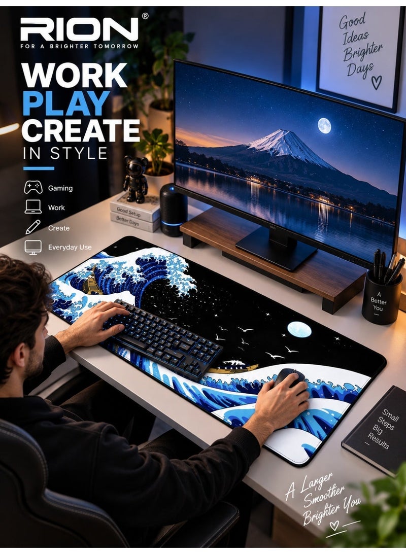 RION Gaming Laptop Mouse Pad – Sea Wave Big Desk Pad, Waterproof & Non-Slip, 3mm Thick Rubber, Kanagawa Surf Design - Image 4