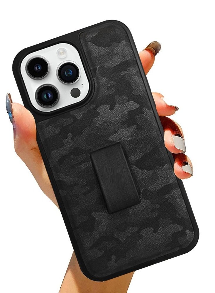 CATANES iPhone 14 Pro Case with Hand Strap Finger Loop Camouflage PU Leather Back Cover Black  - Image 2