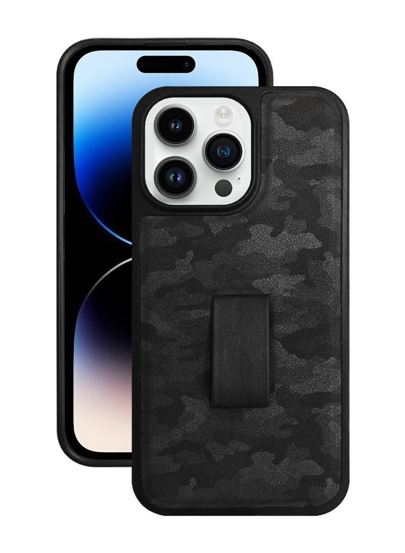 CATANES iPhone 14 Pro Case with Hand Strap Finger Loop Camouflage PU Leather Back Cover Black  - Image 1