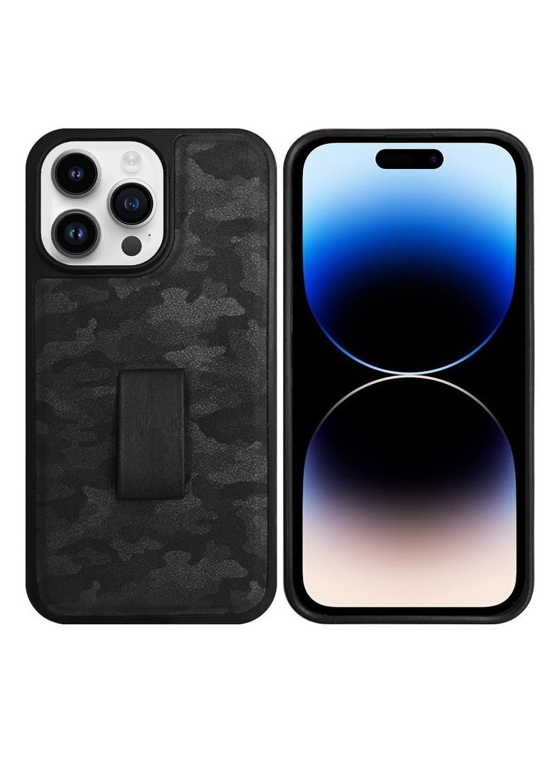 CATANES iPhone 14 Pro Case with Hand Strap Finger Loop Camouflage PU Leather Back Cover Black  - Image 5