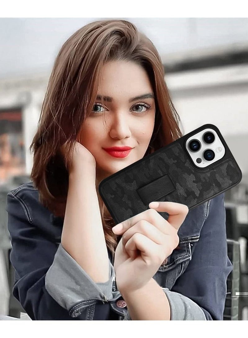 CATANES iPhone 14 Pro Case with Hand Strap Finger Loop Camouflage PU Leather Back Cover Black  - Image 3