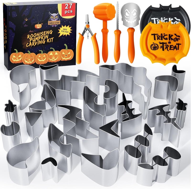 Roohiseng Pumpkin Carving Kit Tools for Kids, Halloween Cookie Cutters Set Stainless Steel, Safe Pumpkin Carving Stencils DIY Halloween Decoration Jack O Lanterns (27) - Image 1