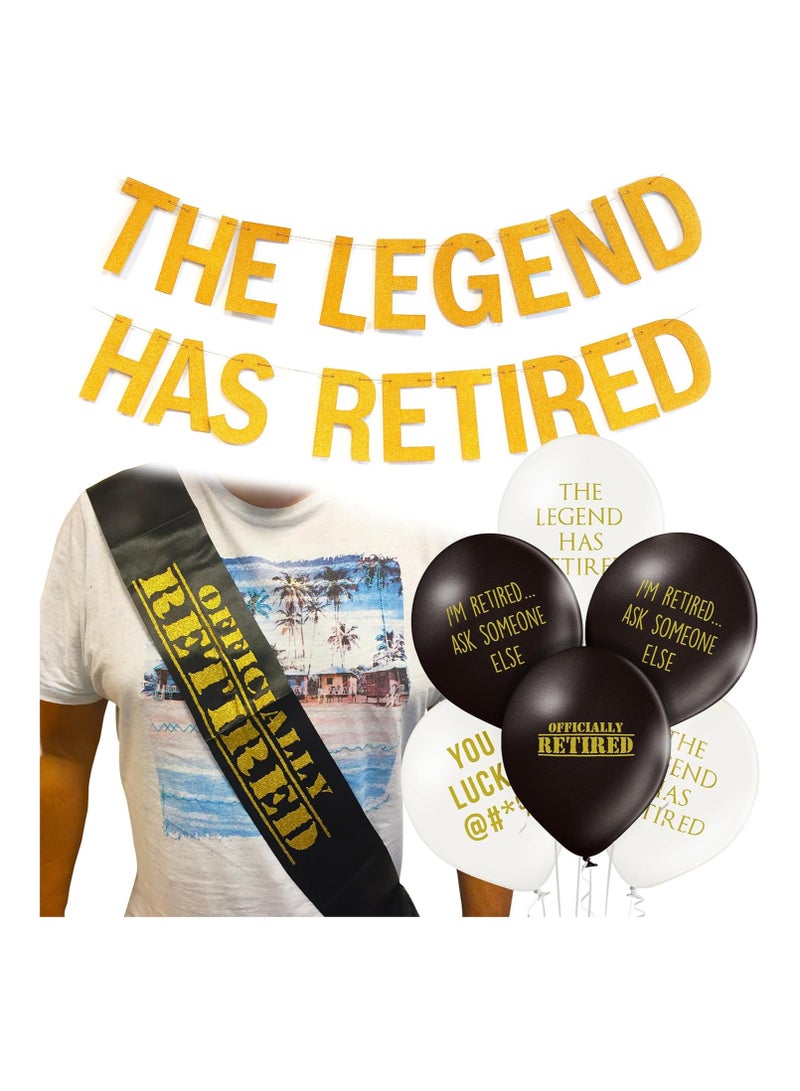 Retirement Bundle - Includes The Legend Has Retired Banner, Retirement 12 Pack Of Funny Retirement Balloons