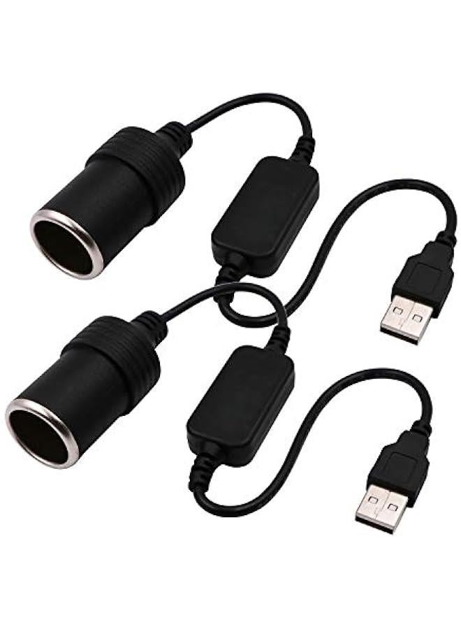 USB A Male to 12V Car Cigarette Lighter Socket Female Converter Cable 2-Pack - Image 1