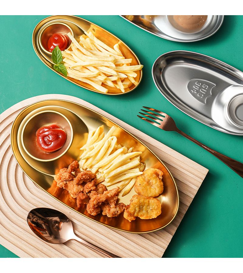 304 Stainless Steel Snack Tray Set 4 Pieces Golden 11 Inch Dipping Plates Oval Serving Plates for Sauces Condiments Sushi Appetizers Fruits Home Restaurant Use - Image 4