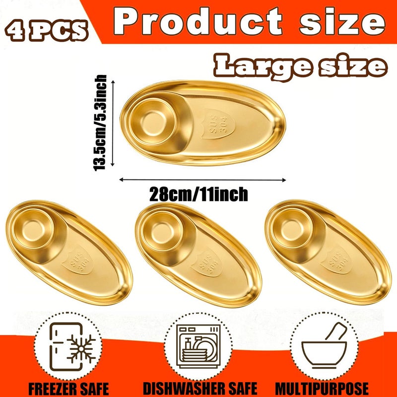 304 Stainless Steel Snack Tray Set 4 Pieces Golden 11 Inch Dipping Plates Oval Serving Plates for Sauces Condiments Sushi Appetizers Fruits Home Restaurant Use - Image 2