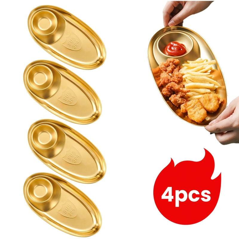 304 Stainless Steel Snack Tray Set 4 Pieces Golden 11 Inch Dipping Plates Oval Serving Plates for Sauces Condiments Sushi Appetizers Fruits Home Restaurant Use - Image 1