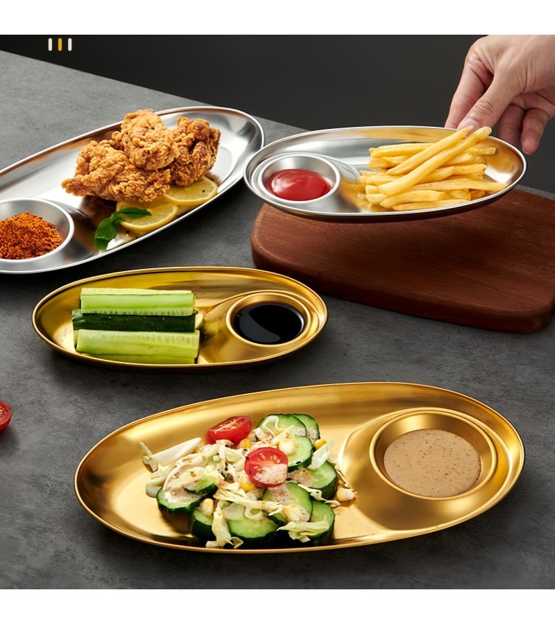 304 Stainless Steel Snack Tray Set 4 Pieces Golden 11 Inch Dipping Plates Oval Serving Plates for Sauces Condiments Sushi Appetizers Fruits Home Restaurant Use - Image 5