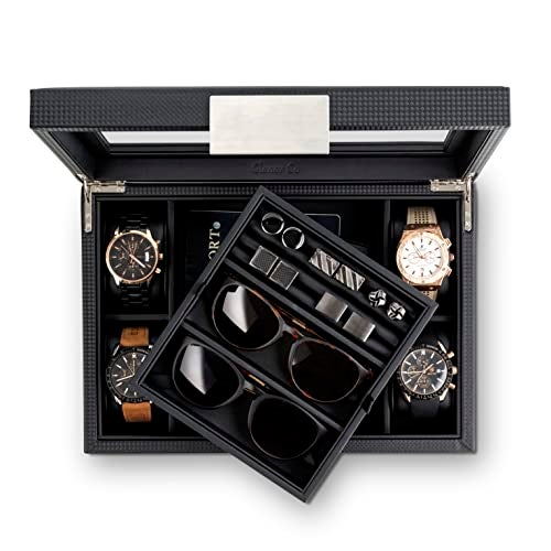 Glenor Co Valet Jewelry Box for Men - Holds 4 Watches, 12 cufflinks, 2 Sunglasses & Tray Storage - Mens Watch Case - CarbonFiber Organizer w Metal Accents, PU Leather & Large Glass Lid - Black - Image 2