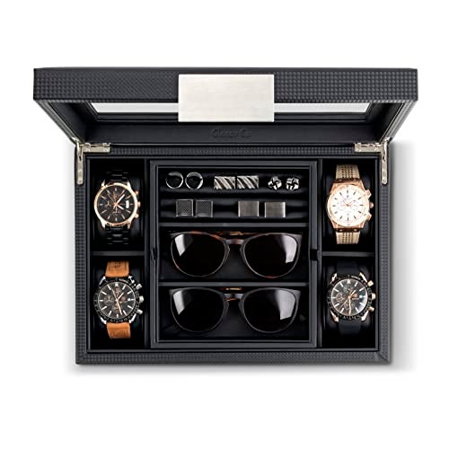 Glenor Co Valet Jewelry Box for Men - Holds 4 Watches, 12 cufflinks, 2 Sunglasses & Tray Storage - Mens Watch Case - CarbonFiber Organizer w Metal Accents, PU Leather & Large Glass Lid - Black - Image 4