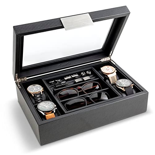 Glenor Co Valet Jewelry Box for Men - Holds 4 Watches, 12 cufflinks, 2 Sunglasses & Tray Storage - Mens Watch Case - CarbonFiber Organizer w Metal Accents, PU Leather & Large Glass Lid - Black - Image 1