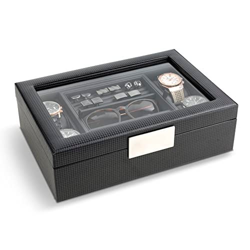 Glenor Co Valet Jewelry Box for Men - Holds 4 Watches, 12 cufflinks, 2 Sunglasses & Tray Storage - Mens Watch Case - CarbonFiber Organizer w Metal Accents, PU Leather & Large Glass Lid - Black - Image 3