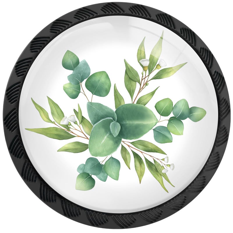 Artinhand 4 Pack Watercolor Green Eucalyptus Leaves and Branches Cabinet Knobs Round Drawer Pulls Black Dresser Knob Cupboard Door Handles Hardware for Kitchen Bathroom Cabinets - Image 1