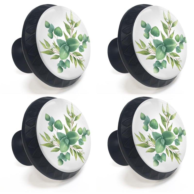 Artinhand 4 Pack Watercolor Green Eucalyptus Leaves and Branches Cabinet Knobs Round Drawer Pulls Black Dresser Knob Cupboard Door Handles Hardware for Kitchen Bathroom Cabinets - Image 2