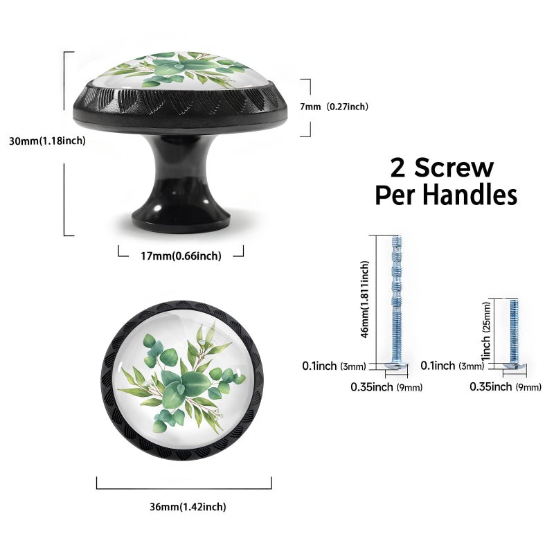 Artinhand 4 Pack Watercolor Green Eucalyptus Leaves and Branches Cabinet Knobs Round Drawer Pulls Black Dresser Knob Cupboard Door Handles Hardware for Kitchen Bathroom Cabinets - Image 3