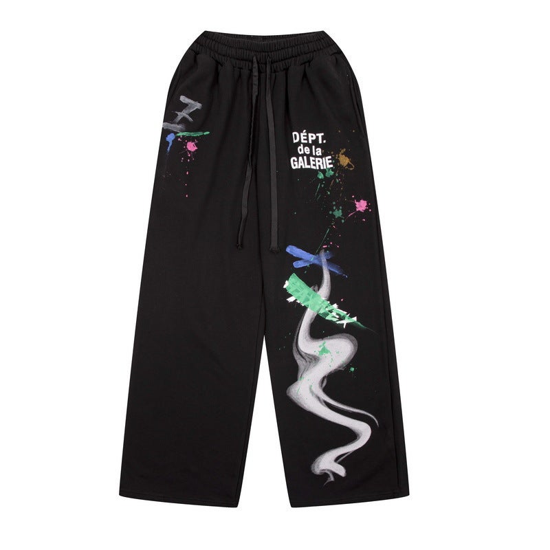 G D Hand-Painted Splash-Ink Splicing Drawstring High Street Casual Sports Sweatpants Micro-Flared Pants Men'S Denim Pants Women - Image 3