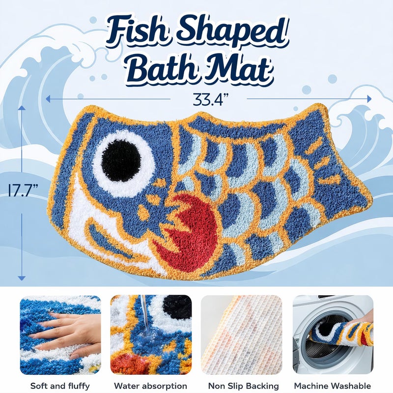 Feblilac Cute Fish Bath Mat For Bathroom, Japanese Koi Flag Soft Water Absorbent, Non-Slip, Machine Washable (Blue) - Image 2