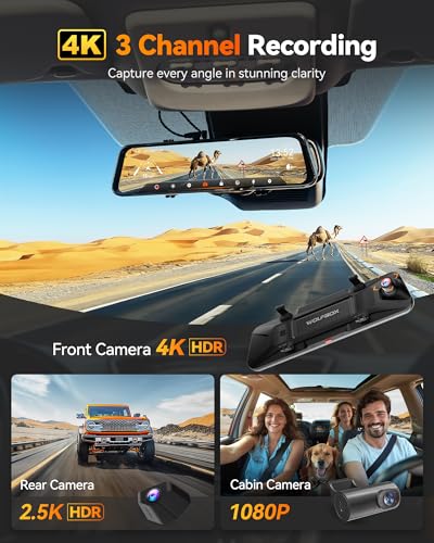 WOLFBOX G900 Tripro Cabin Version 3 Channel 4K Rear View Mirror Camera,8MP STARVIS IMX678 Night Vision,4K+1080P+2.5K Front Inside and Rear Mirror Dash Cam,5.8GHz WiFi,Voice Control,Includes 256GB Card - Image 2