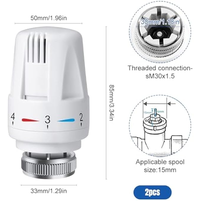 2 PCS THERMOSTATIC RADIATOR HEADS, AUTOMATICAL TEMPERATURE CONTROL HEADS REPLACEMENT HEAD TRV SMART RADIATOR FOR HEATING SYSTEM FOR HOME OFFICE WHITE - Image 3