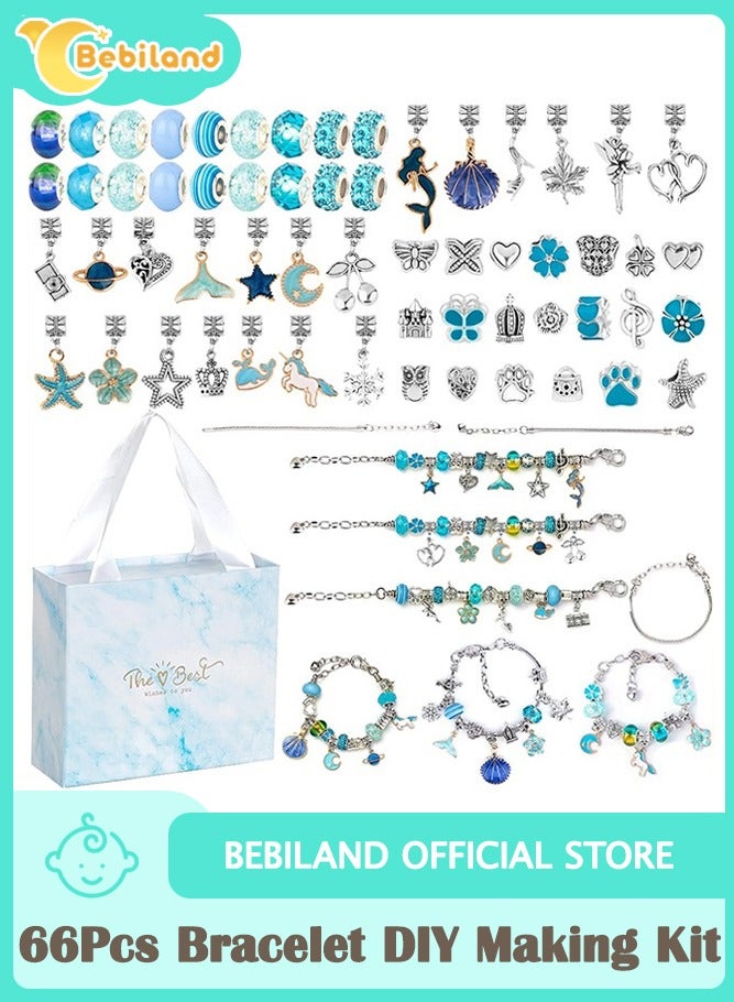 Bebiland 66Pcs Charm Bracelet DIY Making Kit,Jewelry Making Supplies Beads for Teen Girls ,Colorful Creativity Imagination Craft Toys Gifts Set with a Gift Box  (Blue Series)  - Image 1