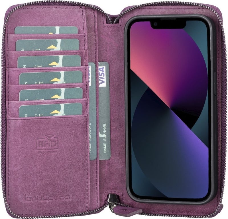 BOULETTA Apple iPhone 13 Pro Max Compatible Leather Zipper Wallet Case Cz7 Purple  - Image 2