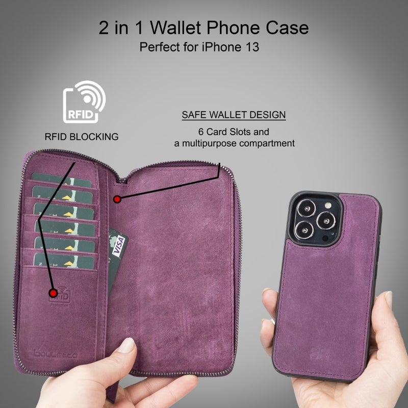 BOULETTA Apple iPhone 13 Pro Max Compatible Leather Zipper Wallet Case Cz7 Purple  - Image 3