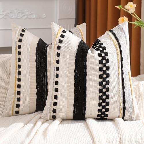 Tosleo Beige and Black Throw Pillow Covers 18x18 Set of 2 Boho Striped Decorative Pillow Cases Accent Chenille Pillowcases Farmhouse Patterned Cushion Case Bohemian Nuetral Textured Pillow Cover - Image 1