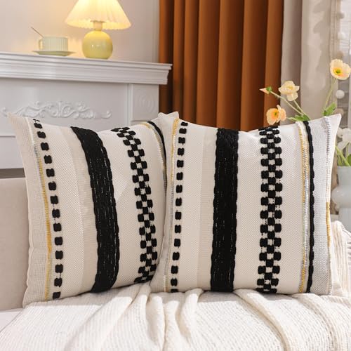 Tosleo Beige and Black Throw Pillow Covers 18x18 Set of 2 Boho Striped Decorative Pillow Cases Accent Chenille Pillowcases Farmhouse Patterned Cushion Case Bohemian Nuetral Textured Pillow Cover - Image 2