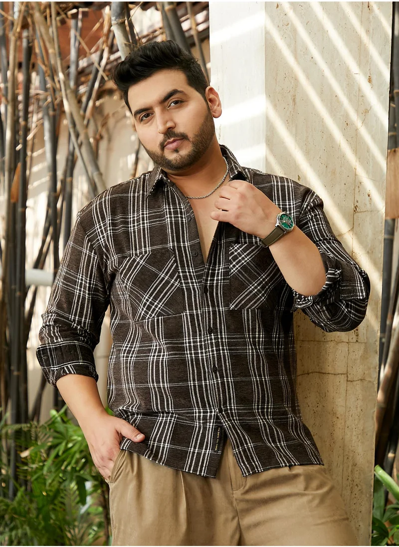 انستافاب بلس Instafab Plus Men's Black Multi-Check Utility Shacket For Casual Wear | Spread Collar | Long Cuffed Sleeves | Button Closure | Plus Size Overshirt/Shacket Crafted With Comfort Fit For Everyday Wear