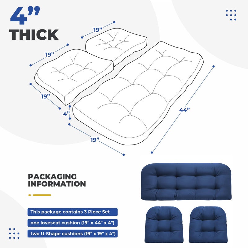 DANGHOOGY Wicker Chair Cushions, Waterproof Outdoor Loveseat Cushions for Patio Furniture, 3 Pieces Wicker Furniture Cushions, 1 Loveseat and 2 U-Shaped Cushions, Blue - Image 2