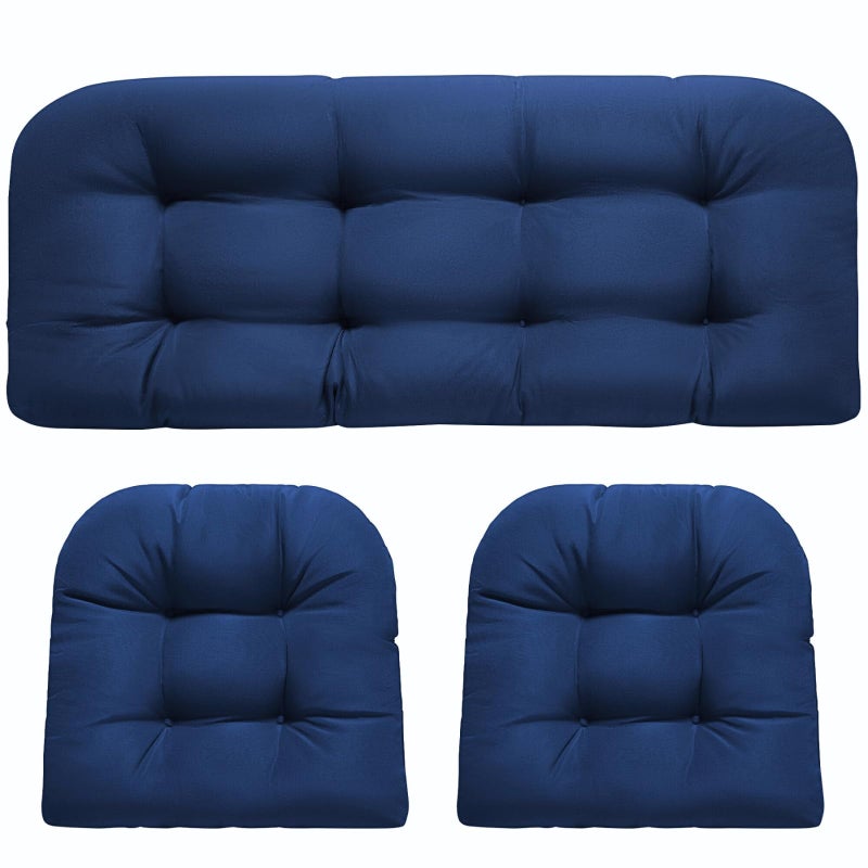 DANGHOOGY Wicker Chair Cushions, Waterproof Outdoor Loveseat Cushions for Patio Furniture, 3 Pieces Wicker Furniture Cushions, 1 Loveseat and 2 U-Shaped Cushions, Blue - Image 1