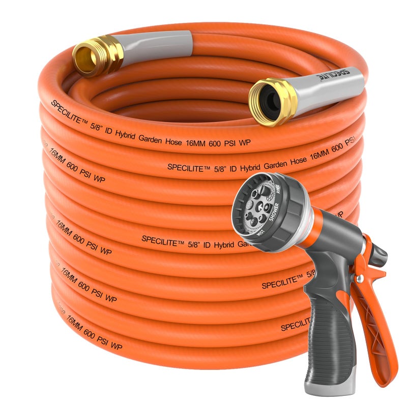 SPECILITE Garden Hose 50 ft x 5/8 in Heavy Duty, Flexible and Lightweight Water Hose, Burst 600 psi, Kink-less Hybrid Rubber Hose for Backyard, 3/4'' Brass Fittings - Image 1