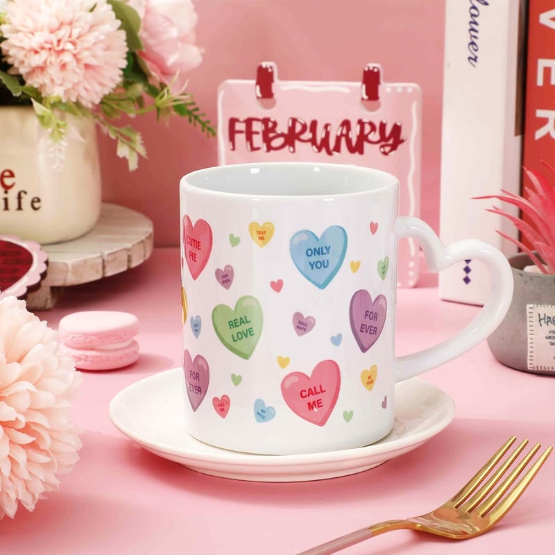 Whaline 2Pcs Valentine Heart Shaped Mug Colorful Conversation Heart Coffee Mug Ceramic Drinking Mugs For Wedding Party Supplies Table Centerpieces 12oz - Image 4