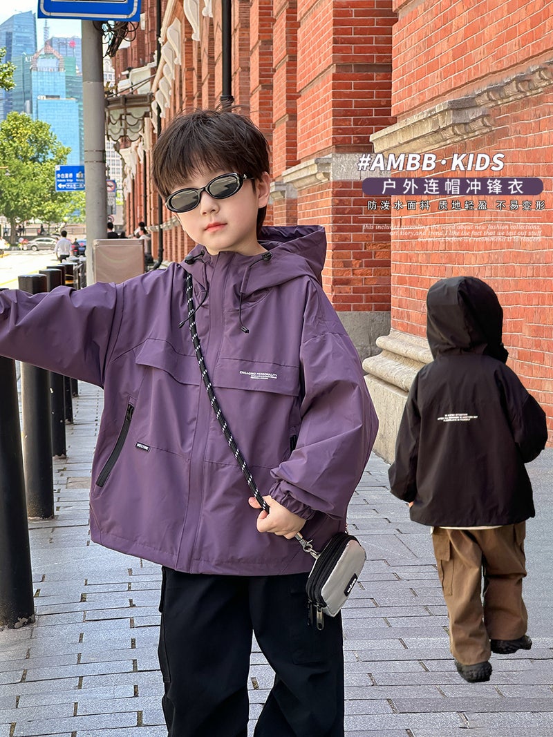 Aimo Beibei Children''s Letter Jacket 2025 Autumn Small, Medium and Large Boys and Girls Outdoor Waterproof and Windproof Hooded Jacket - Image 2