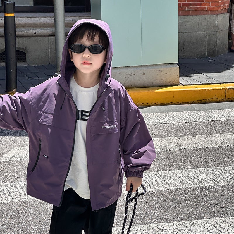 Aimo Beibei Children''s Letter Jacket 2025 Autumn Small, Medium and Large Boys and Girls Outdoor Waterproof and Windproof Hooded Jacket - Image 1