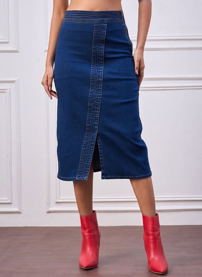 StyleStone Women High Rise Denim Straight Midi Skirt with Front Slit - Image 1