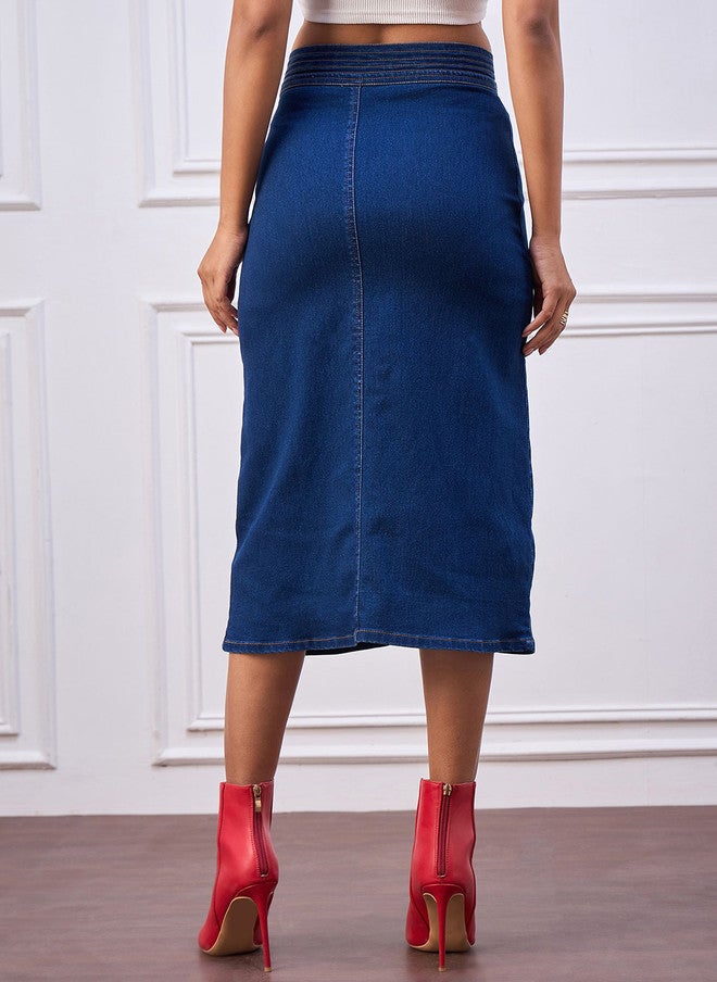 StyleStone Women High Rise Denim Straight Midi Skirt with Front Slit - Image 3